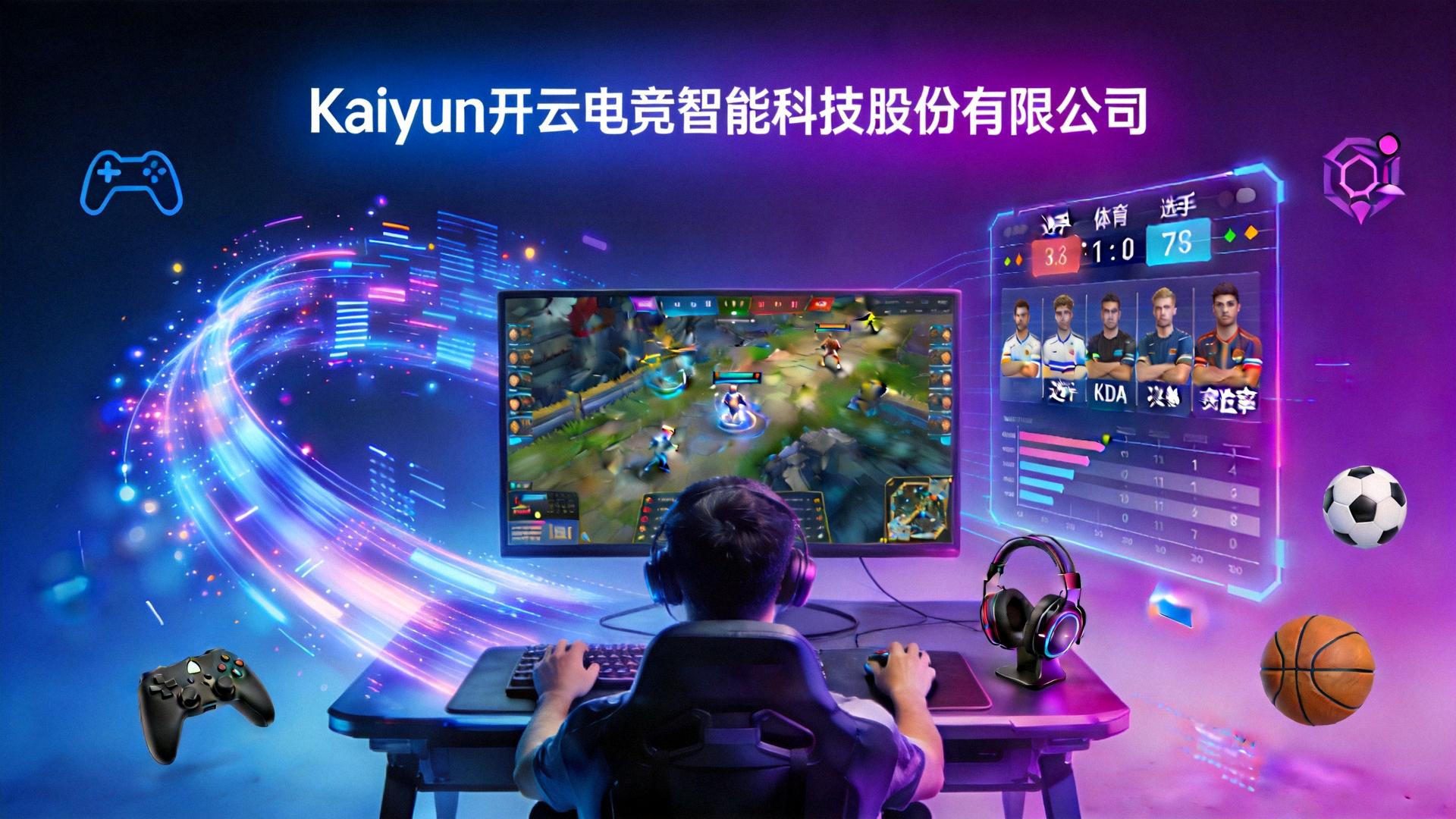Kaiyun开云电竞智能科技股份有限公司全屏横幅背景图，展示现代电竞与体育数据结合的场景