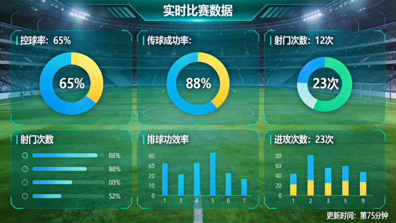 实时足球比赛数据分析仪表盘截图，展示控球率、射门次数等关键指标